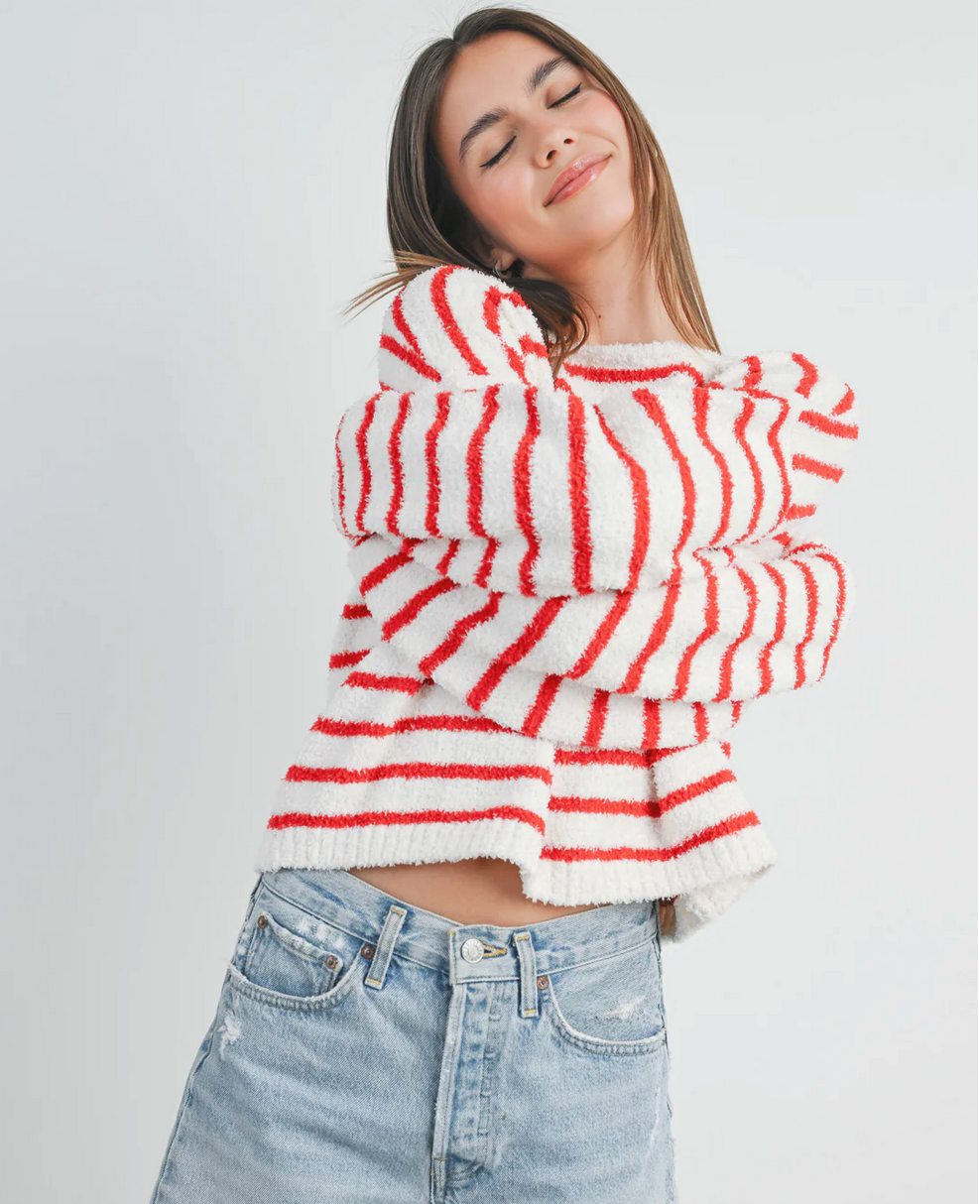 Plush Soft Striped Sweater - Red