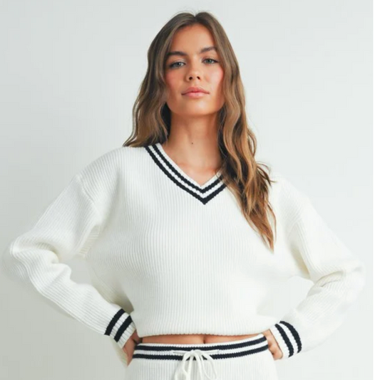 Striped V-Neck Sweater - IVORY/BLACK