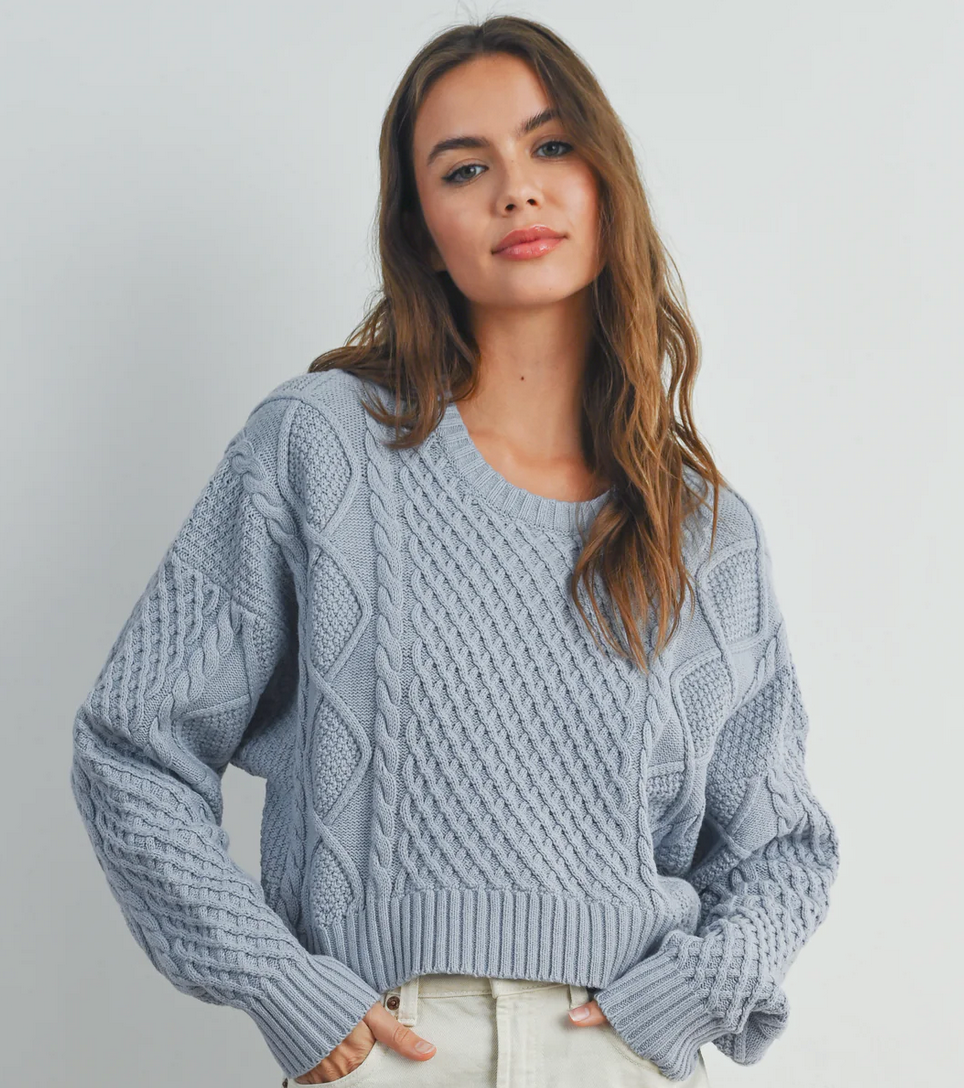 Casual Solid Knit Cable Sweater - LIGHT BLUE