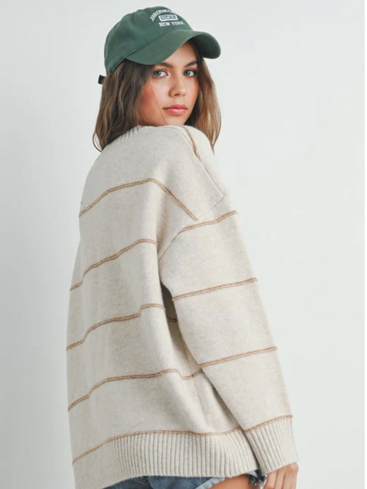 Striped Drop Shoulder Sweater - Taupe